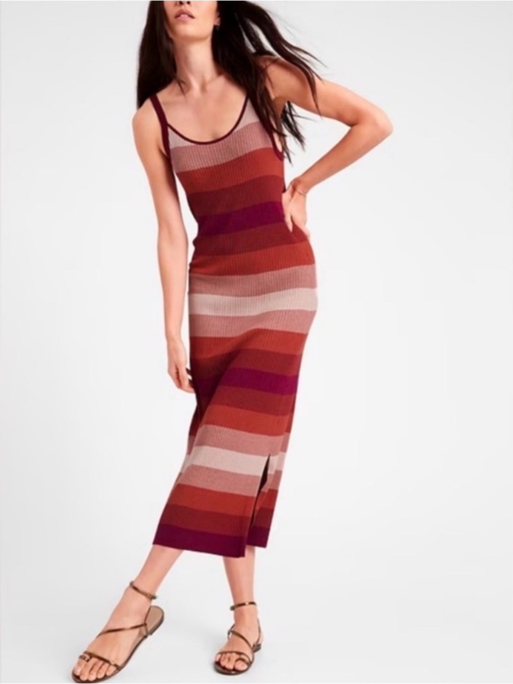 Banana Republic Ombré Striped Midi Knit Tank Dress in Rust & Mauve